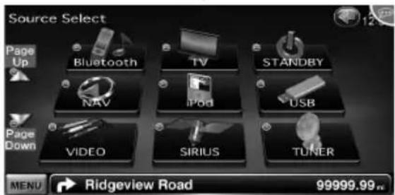Source Select Page Up Bluetooth TV STANDBY NAV iPod USB Page Down VIDEO SIRIUS TUNER MENU → Ridgeview Road 99999.99