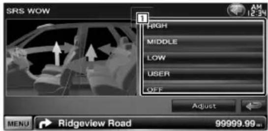 SRS WOW HIGH MIDDLE LOW USER OFF Adjust MENU → Ridgeview Road 99999.99