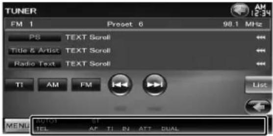 TUNER FM 1 Preset 6 98.1 MHz PS TEXT Scroll Title & Artist TEXT Scroll Radio Text TEXT Scroll TI AM FM List MENU AUTO ST TEL AP TI IN ATT DUAL