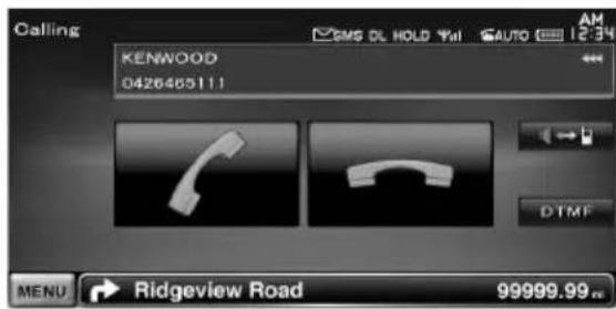 Calling KENWOOD 0426465111 SMS DL HOLD Yal AUTO 12:34 DTMF MENU → Ridgeview Road 99999.99 cc