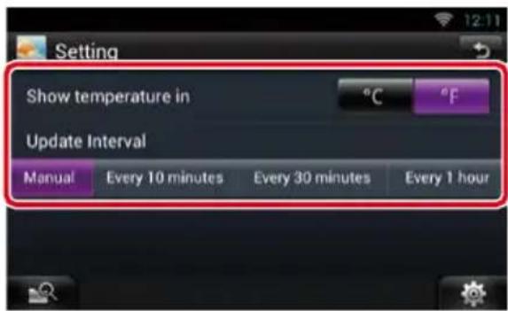 Setting Show temperature in °C °F Update Interval Manual Every 10 minutes Every 30 minutes Every 1 hour