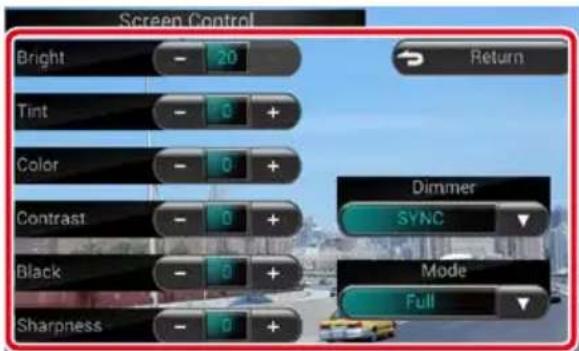 Screen Control Bright - 20 Return Tint - 0 + Color - 0 + Contrast - 0 + Black - 0 + Sharpness - 0 + Dimmer SYNC Mode Full