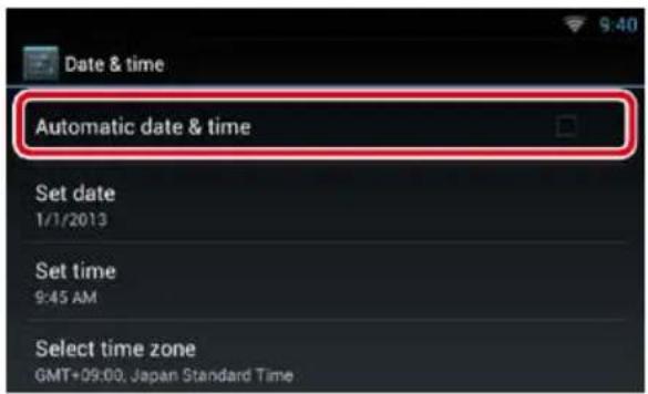 Date & time Automatic date & time Set date 1/1/2013 Set time 9:45 AM Select time zone GMT+09:00, Japan Standard Time