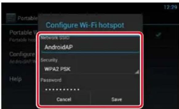 Configure Wi-Fi hotspot Network SSLU AndroidAP Security WPA2 PSK Password ****** Cancel Save