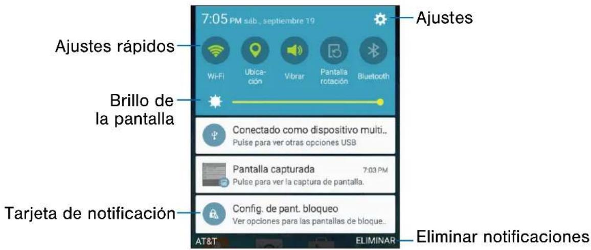 Ajustes 7:05 PM sáb., septiembre 19 Ajustes rápidos Wi-Fi Ubicación Vibrar Pantalla rotación Bluetooth Brillo de la pantalla Conectado como dispositivo multi.. Pulse para ver otras opciones USB Pantalla capturada 7:03 PM Pulse para ver la captura de pantalla. Tarjeta de notificación Config. de pant. bloqueo Ver opciones para las pantallas de bloque.. AT&T ELIMINAR Eliminar notificaciones