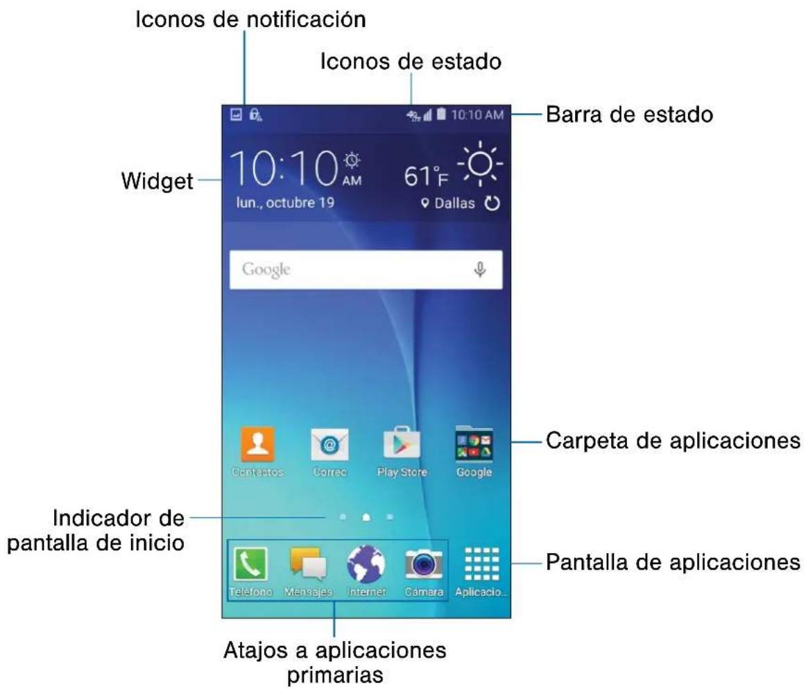 Iconos de notificación Iconos de estado Barra de estado 10:10 AM 61°F lun., octubre 19 Dallas Widget Google Carpeta de aplicaciones Contactos Correo Play Store Google Indicador de pantalla de inicio Pantalla de aplicaciones Teléfono Mensajes Internet Cámara Aplicacion... Atajos a aplicaciones primarias