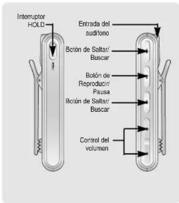 Interruptor HOLD Entrada del audifono Botón de Saltar/ Buscar Botón de Reproducir/ Pausa Botón de Saltar/ Buscar Control del volumen