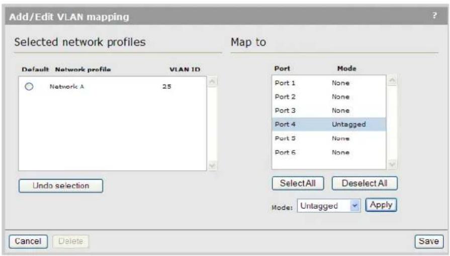 Add/Edit VLAN mapping Selected network profiles Map to Default Network profile VLAN ID Network A 25 Undo selection Port Mode Port 1 None Port 2 None Port 3 None Port 4 Untagged Port 5 None Port 6 None SelectAll Deselect All Mode: Untagged Apply Cancel Delete Save