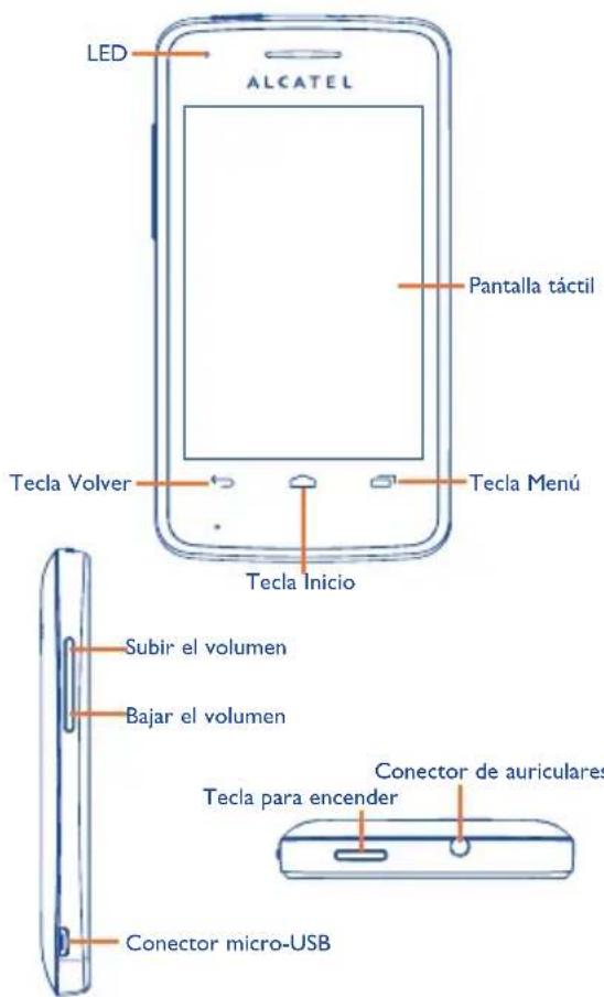 LED ALCATEL Pantalla táctil Tecla Volver Tecla Menú Tecla Inicio Subir el volumen Bajar el volumen Conector de auriculares Tecla para encender Conector micro-USB