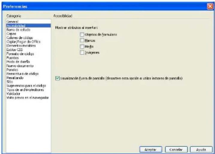 ADOBE Dreamweaver MX 2004 - Para activar los cuadros de diálogo de accesibilidad: - 1