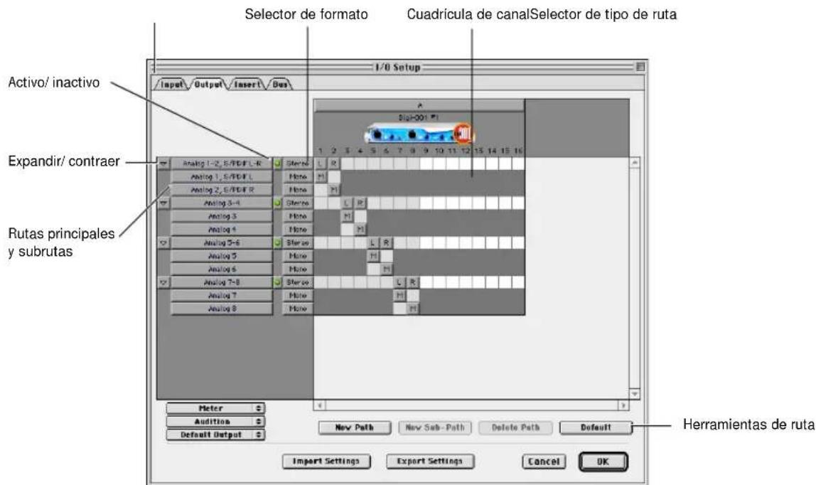 Selector de formato Cuadrícula de canal Selector de tipo de ruta I/O Setup Input Output Insert Dos Activo/ inactivo Expandir/ contraer Rutas principales y subrutas Meter Audition Default Output Stereo L Hono M Stereo L Hono M Stereo L Hono M Stereo L Hono M Stereo L Hono M Stereo L Hono M Stereo L Hono M Stereo L Hono M Stereo L Hono M Stereo L Hono M Stereo L Hono H Herramientas de ruta Import Settings Export Settings Cancel OK