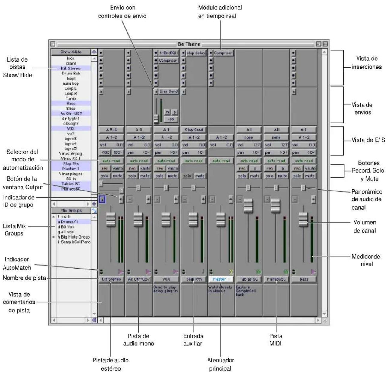 Envío con controles de envío Módulo adicional en tiempo real Be There Lista de pistas Show/ Hide kick stare Kit Stereo Drum Sub loop1 runu loop Loop.L Loop.R Tamb Base Slide Ac Otr-U87 dirtyctr1 cleantr VOX v×2 bgv×3 bgv×4 bgv×5 Virus Arpeg. Virus FX 1 Slap Rtn Master 1 Virus played SC in Tablas SC MaracoSC Selector del modo de automatización Botón de la ventana Output Indicador de ID de grupo Mix Groups I a Drums/1 d Bó Vox g all voc h Big Mute Group i SampleCellPerc Lista Mix Groups Indicador AutoMatch Nombre de pista Vista de comentarios de pista Pista de audio estéreo Pista de audio mono Entrada auxiliar Atenuador principal Pista MIDI Vista de insertiones Vista de envíos Vista de E/ S Botones Record, Solo y Mute Panorámico de audio de canal Volumen de canal Medidor de nivel