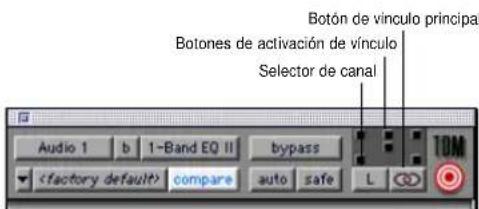 Botón de vínculo principal Botones de activación de vínculo Selector de canal Audio 1 b 1-Band EQ II bypass compare auto safe L TOM