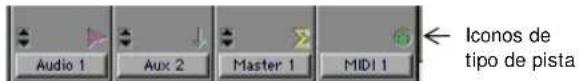 Audio 1 Aux 2 Master 1 MIDI 1 Iconos de tipo de pista