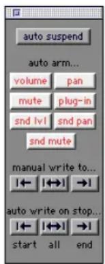 auto suspend auto arm... volume pan mute plug-in snd lvl snd pan snd mute manual write to... ← ↔ →! auto write on stop... ← ↔ →! start all end