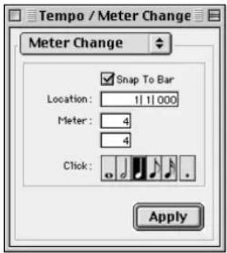 Tempo / Meter Change Meter Change Snap To Bar Location: 1 | 1 | 000 Meter: 4 4 Click: Apply