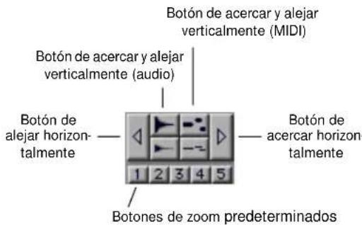 Botón de acercar y alejar verticalmente (MIDI) Botón de acercar y alejar verticalmente (audio) Botón de alejar horizon- talmente Botón de acercar horizon- talmente 1 2 3 4 5 Botones de zoom predeterminados