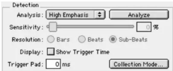 Detection Analysis: High Emphasis Analyze Sensitivity: 0 % Resolution: Bars Beats Sub-Beats Display: Show Trigger Time Trigger Pad: 0 ms Collection Mode...