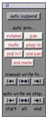 auto suspend auto arm... volume pan mute plug-in snd lvl snd pan snd mute manual write to... ← |↔ | → | auto write on stop... ← |↔ | → | start all end
