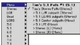 Mono Stereo LCR Quad LCRS 5.0 5.1 6.0 6.1 7.0 7.1 Tim's 5.1 Path #1 (5.1) Tim's Stereo Path (Stereo) > 5.1 L/R subpath (Stereo) > 5.1 LS/APS subpath (Stereo) > 5.1 Center subpath (Mono) > 5.1 LFE (Mono) > Stereo (L) (Mono) > Stereo (R) (Mono)