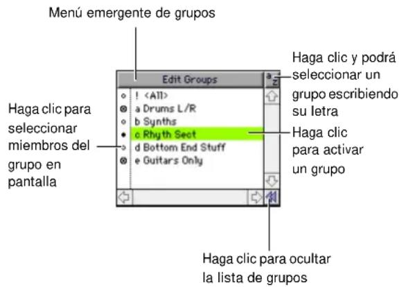 Menú emergente de grupos Edit Groups Haga clic para seleccionar miembros del grupo en pantalla ! a Drums L/R b Synths c Rhythm Sect d Bottom End Stuff e Guitars Only Haga clic y podrá seleccionar un grupo escribiendo su letra Haga clic para activar un grupo Haga clic para ocultar la lista de grupos