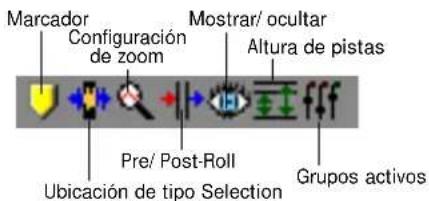 Marcador Configuración de zoom Pre/ Post-Roll Ubicación de tipo Selection Mostrar/ ocultar Altura de pistas Grupos activos