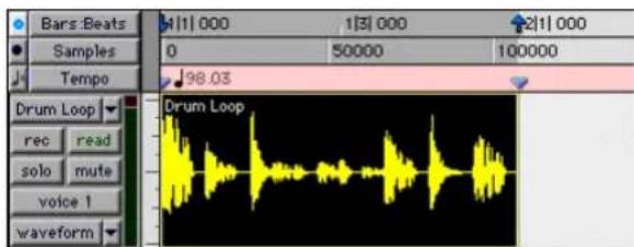 Bars: Beats Samples Tempo 1|1| 000 1|3| 000 2|1| 000 0 50000 100000 98.03 Drum Loop rec read solo mute voice 1 waveform