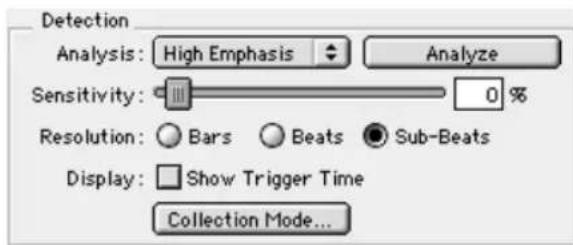 Detection Analysis: High Emphasis Analyze Sensitivity: 0 % Resolution: Bars Beats Sub-Beats Display: Show Trigger Time Collection Mode...