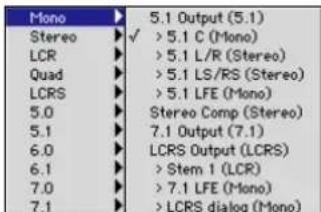 Mono Stereo LCR Quad LCRS 5.0 5.1 6.0 6.1 7.0 7.1 5.1 Output (5.1) ✓ > 5.1 C (Mono) > 5.1 L/R (Stereo) > 5.1 LS/RS (Stereo) > 5.1 LFE (Mono) Stereo Comp (Stereo) 7.1 Output (7.1) LCRS Output (LCRS) > Stem 1 (LCR) > 7.1 LFE (Mono) > LCRS dialog (Mono)