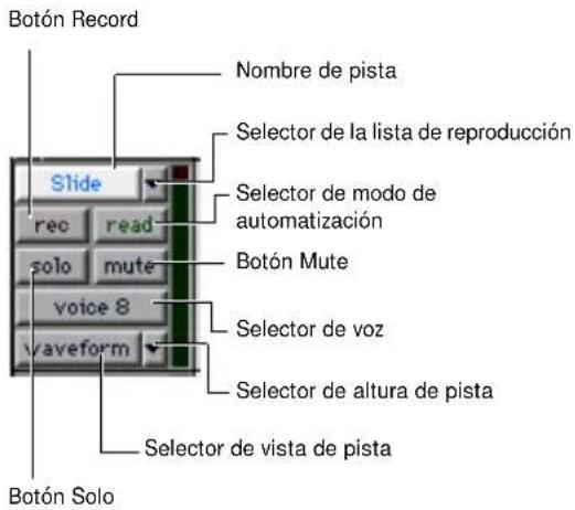 Botón Record Nombre de pista Selector de la lista de reproducción Selector de modo de automatización Botón Mute Selector de voz Selector de altura de pista Selector de vista de pista Slide rec read solo mute voice 8 waveform Botón Solo