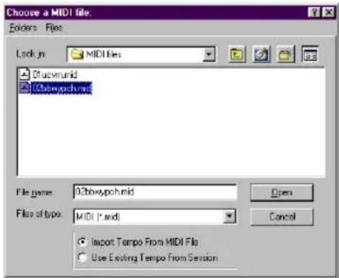 Choose a MIDI file. Folders Files Look in: MIDI files Drucvirnud Drucvirnud File name: Drucvirnud File of type: MIDI (*.mid) Import Tempo From MIDI File Use Existing Tempo From Session