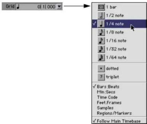Grid 0|1|000 1 bar 1/2 note ✓ 1/4 note 1/8 note 1/16 note 1/32 note 1/64 note dotted triplet ✓ Bars :Beats Min :Secs Time Code Feet.Frames Samples Regions/Markers ✓ Follow Main Timebase