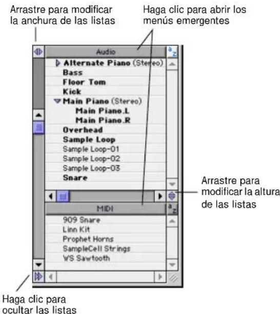 Arrastre para modificar la anchura de las listas Haga clic para abrir los menús emergentes Audio Alternate Piano (Stereo) Bass Floor Tom Kick Main Piano (Stereo) Main Piano.L Main Piano.R Overhead Sample Loop Sample Loop-01 Sample Loop-02 Sample Loop-03 Snare MIDI 909 Snare Linn Kit Prophet Horns SampleCell Strings WS Sawtooth Haga clic para ocultar las listas