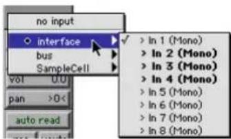 no input interface bus SampleCell vol 0.0 pan >0< auto read ✓ > In 1 (Mono) > In 2 (Mono) > In 3 (Mono) > In 4 (Mono) > In 5 (Mono) > In 6 (Mono) > In 7 (Mono) > In 8 (Mono)