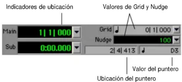Indicadores de ubicación Valores de Grid y Nudge Main 1|1|000 Grid 0|1|000 Sub 0:00.000 Nudge 100 2|4|413 D3 Valor del puntero Ubicación del puntero