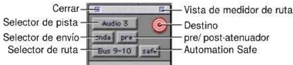Cerrar Selector de pista Audio 3 Enda pre Pre/post-atenuador Selector de envío Selector de ruta Bus 9-10 safe Vista de medidor de ruta Destino pre/ post-atenuador Automation Safe