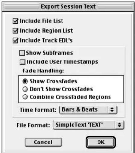 Avid Pro Tools 5.1 - Opciones de Export Session Text - 1