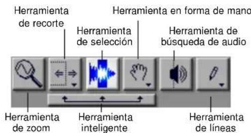Herramienta de recorte Herramienta en forma de mano Herramienta de selección Herramienta de búsqueda de audio Herramienta de zoom Herramienta inteligente Herramienta de líneas
