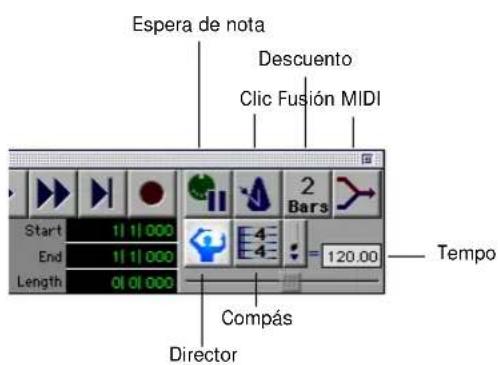 Espera de nota Descuento Clic Fusión MIDI Start 11 11 000 End 11 11 000 Length 01 01 000 2 Bars 4 4 Tempo Compás Director