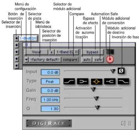 Menú de configuración Botón de inserción Selector de inserción 1-End EQ II Selector de pista Menú de biblioteca Selector de posición de inserción Selector de módulo adicional Compare Bypass de efecto Activación de automa-tización Automation Safe Módulo adicional de conversión Módulo. adicional de destino Inversión de fase Vocal a 1-Band EQ II bypass TOM compare auto safe Input 0.0 dB Type Peak Gain 0.0 dB Freq 1.00 kHz Q 1.30 DIGRACK