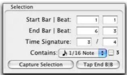 Selection Start Bar | Beat: 1 1 End Bar | Beat: 6 3 Time Signature: 3 / 4 Contains: 1/16 Note 3 Capture Selection Tap End B|B