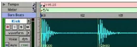 Tempo Meter Bars Beats 195.23 5/4 Kick R I S M waveform Voice dyn Auto read 1000 1/2 1/3 1/2+80