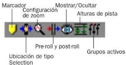 Marcador Configuración de zoom Mostrar/Ocultar Alturas de pista Pre-roll y post-roll Grupos activos Ubicación de tipo Selection