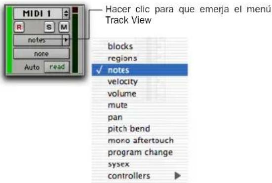 MIDI 1 notes none Auto read Hacer clic para que emerja el menú Track View blocks regions ✓ notes velocity volume mute pan pitch bend mono aftertouch program change sysex controllers