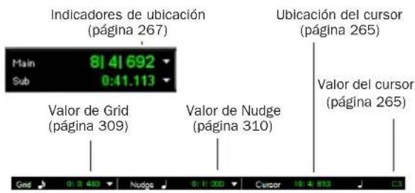 Indicadores de ubicación (página 267) Main 81 41 692 Sub 0:41.113 Valor de Grid (página 309) Valor de Nudge (página 310) Grid 0:1 450 Nudge 0:1 300 Cursor 10:4 810 C3 Ubicación del cursor (página 265) Valor del cursor (página 265)