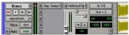 Bass R I S M waveform Voice dyn Auto read Slap Delay II VerbSndSlpS In 5-6 Out 1:2 vol 0.0 <100 100>