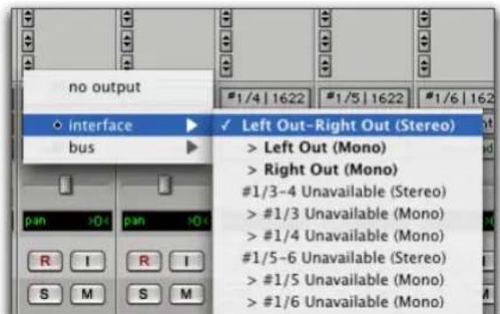 no output interface bus Left Out-Right Out (Stereo) > Left Out (Mono) > Right Out (Mono) #1/3-4 Unavailable (Stereo) > #1/3 Unavailable (Mono) > #1/4 Unavailable (Mono) #1/5-6 Unavailable (Stereo) > #1/5 Unavailable (Mono) > #1/6 Unavailable (Mono)
