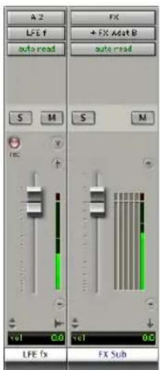 A 2 LFE f auto read FX + FX Adat B auto read S M S M rec vol 0.0 vol 0.0 LFE fx FX Sub