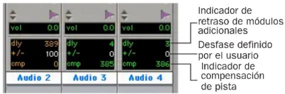 Vol 0.0 dly 389 +/- 100 cmp 0 Audio 2 Audio 3 Audio 4 Vol 0.0 dly 4 +/- 0 cmp 385 dly 3 +/- 0 cmp 386 Audio 4 Indicador de retraso de módulos adiconales Desfase definido por el usuario Indicador de compensación de pista