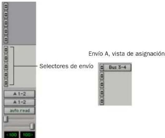 Envío A, vista de asignación Selectores de envío Bus 3-4 A 1-2 A 1-2 auto read <100 100>